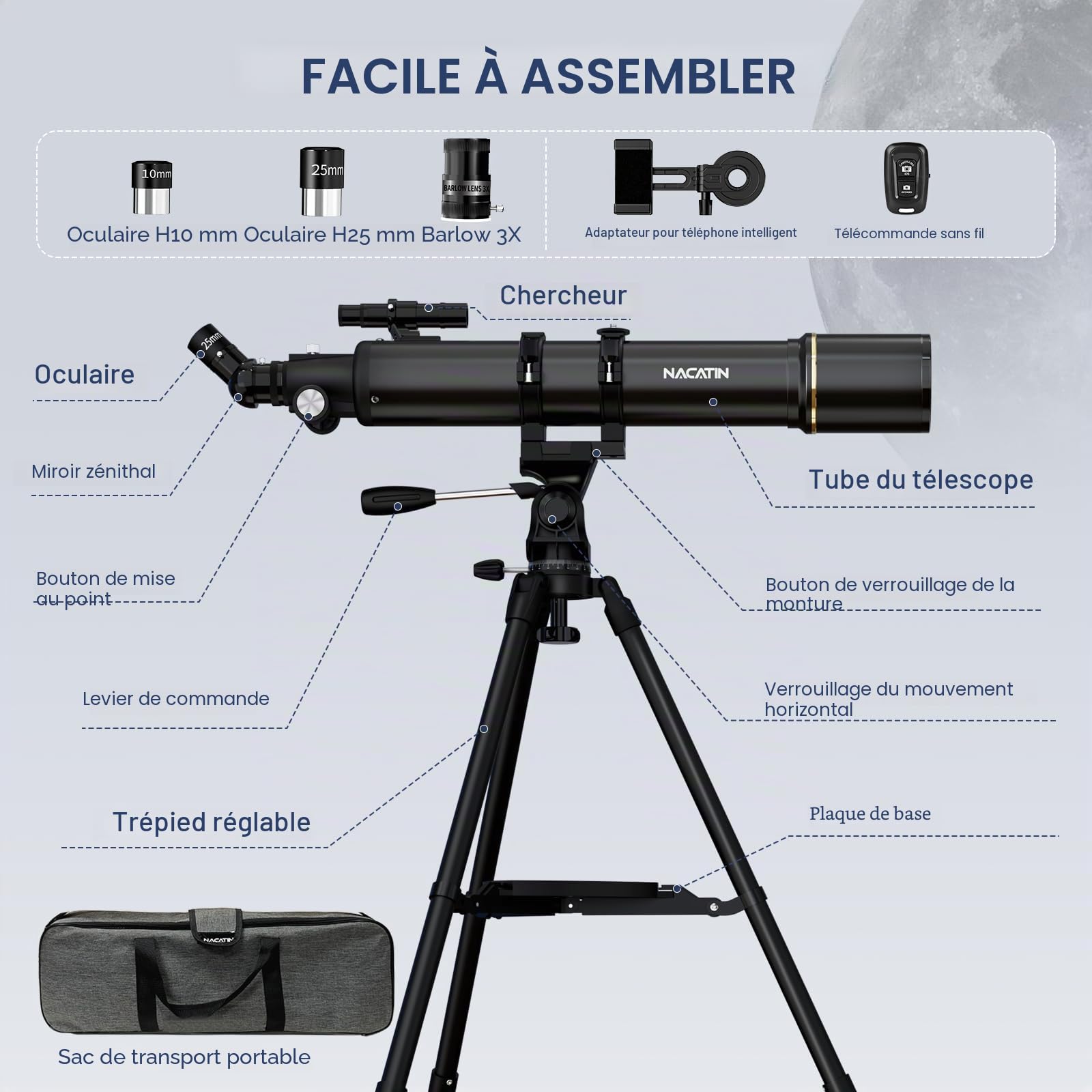 Télescope Astronomique Adulte 90mm, NACATIN Télescope Réfracteur 800mm avec Trépied Fer, Adaptateur Smartphone et Sac à Dos, Grossissement 32X-240X pour Observation Lune et Planètes