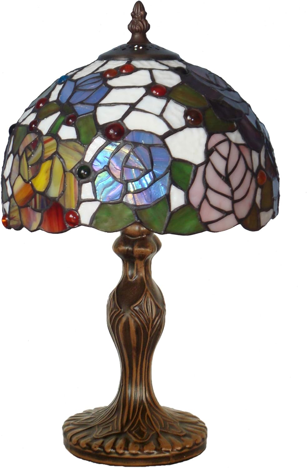 HT Tiffany Style Accent Table Lamp 8 Inch Wide Rose Design Stained Glass Shade 1-Light Zinc Alloy Base Traditional Handmade Lighting for Bedroom Living Room Bedside Desk Kitchen Corridor