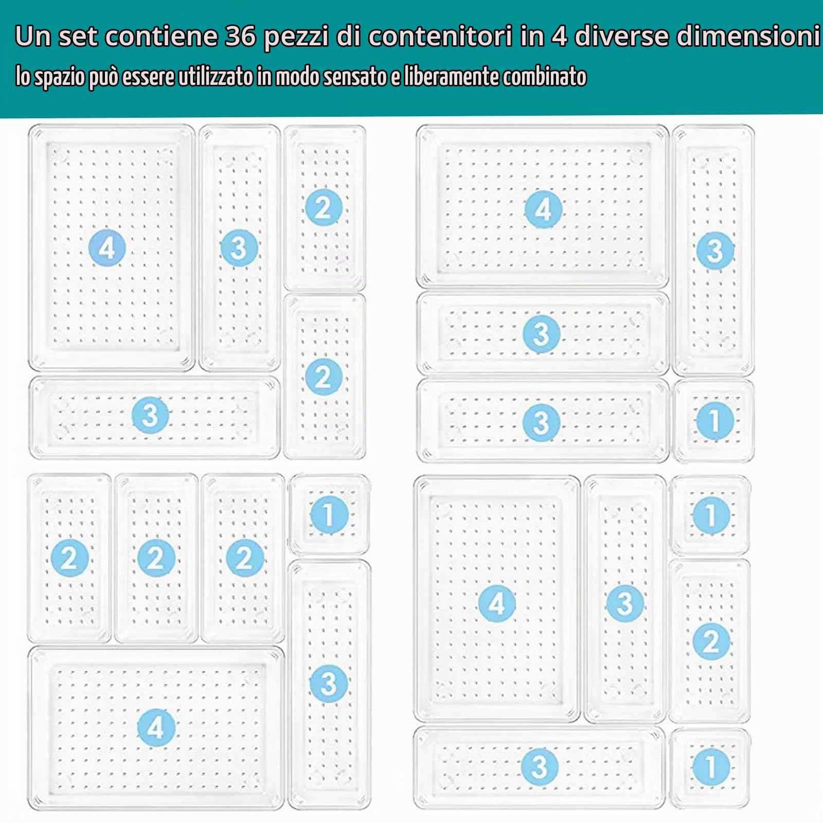 Organizzatore per cassetti da 36 pezzi con 4 misure, organizzatore per trucco, organizzatore per make-up, plastica trasparente, organizzatore per cassetti per scrivania, ufficio, cucina