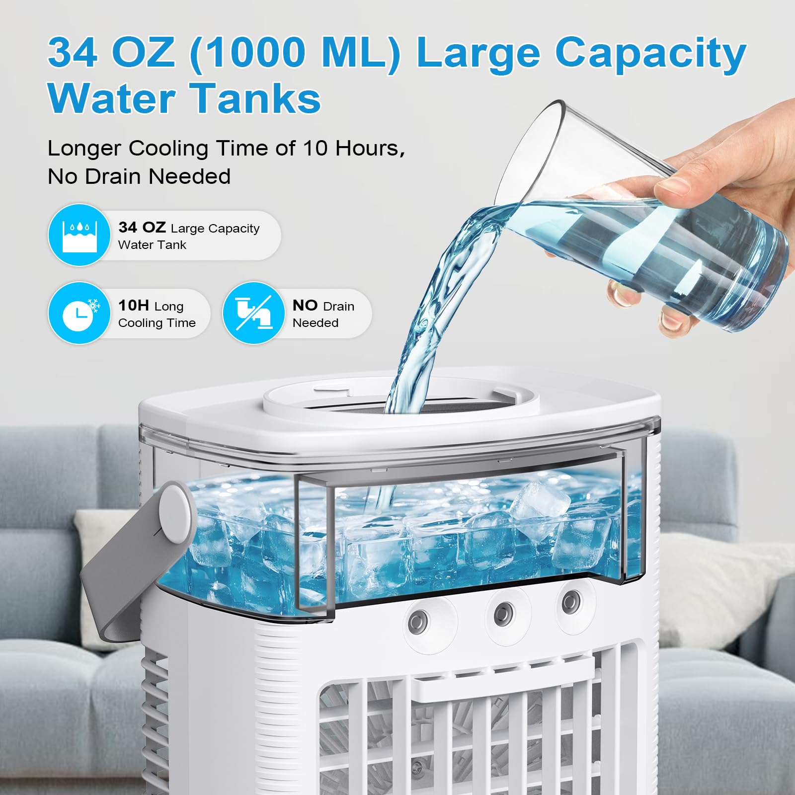Mini climatiseur portable : eau 1600 ml, 3 vitesses ventilateur, refroidissement par évaporation, LED 7 couleurs, minuterie 2/4/8H - Idéal