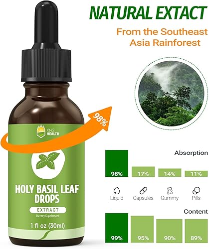 Miniatura 5 de Tintura líquida de extracto de hoja de albahaca sagrada (Tulsi), suplemento de hierba de albahaca santa, 98% de absorción, sin alcohol, vegano, sin