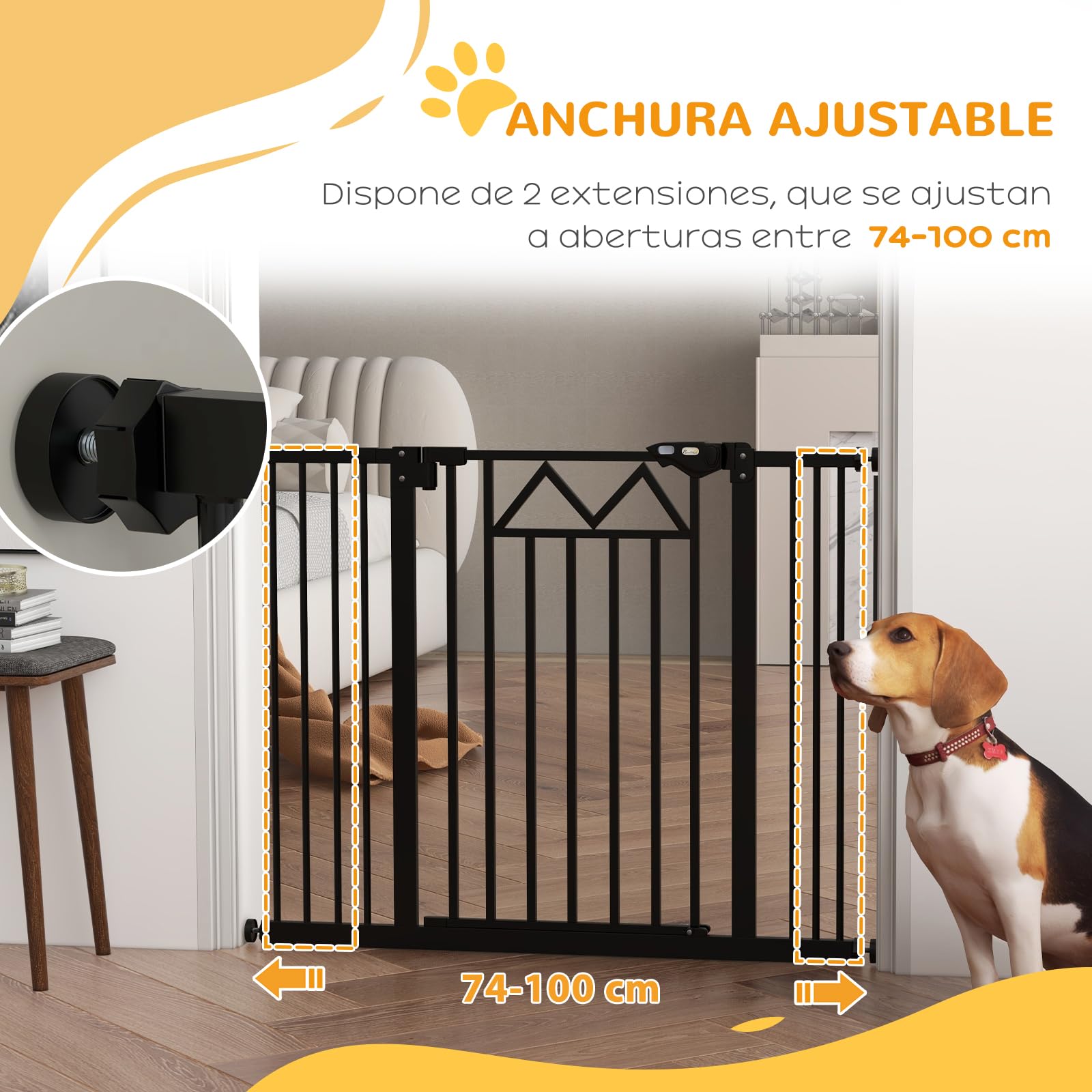PawHut Barrera de Seguridad para Perros Extensible 74-100 cm, para Puertas y Escaleras, Barrera para Perros con Cierre Automático, Doble Bloqueo, Montaje a Presión y 2 Extensiones 7/14 cm, Negro