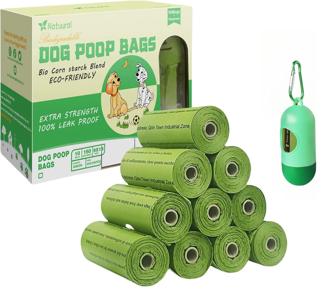 Bolsas para excrementos de perros: 150 unidades con dispensador de correa (10 rollos), bolsas biodegradables para excrementos, ecológicas y fáciles de abrir, bolsas gruesas para excrementos de perros (verde)