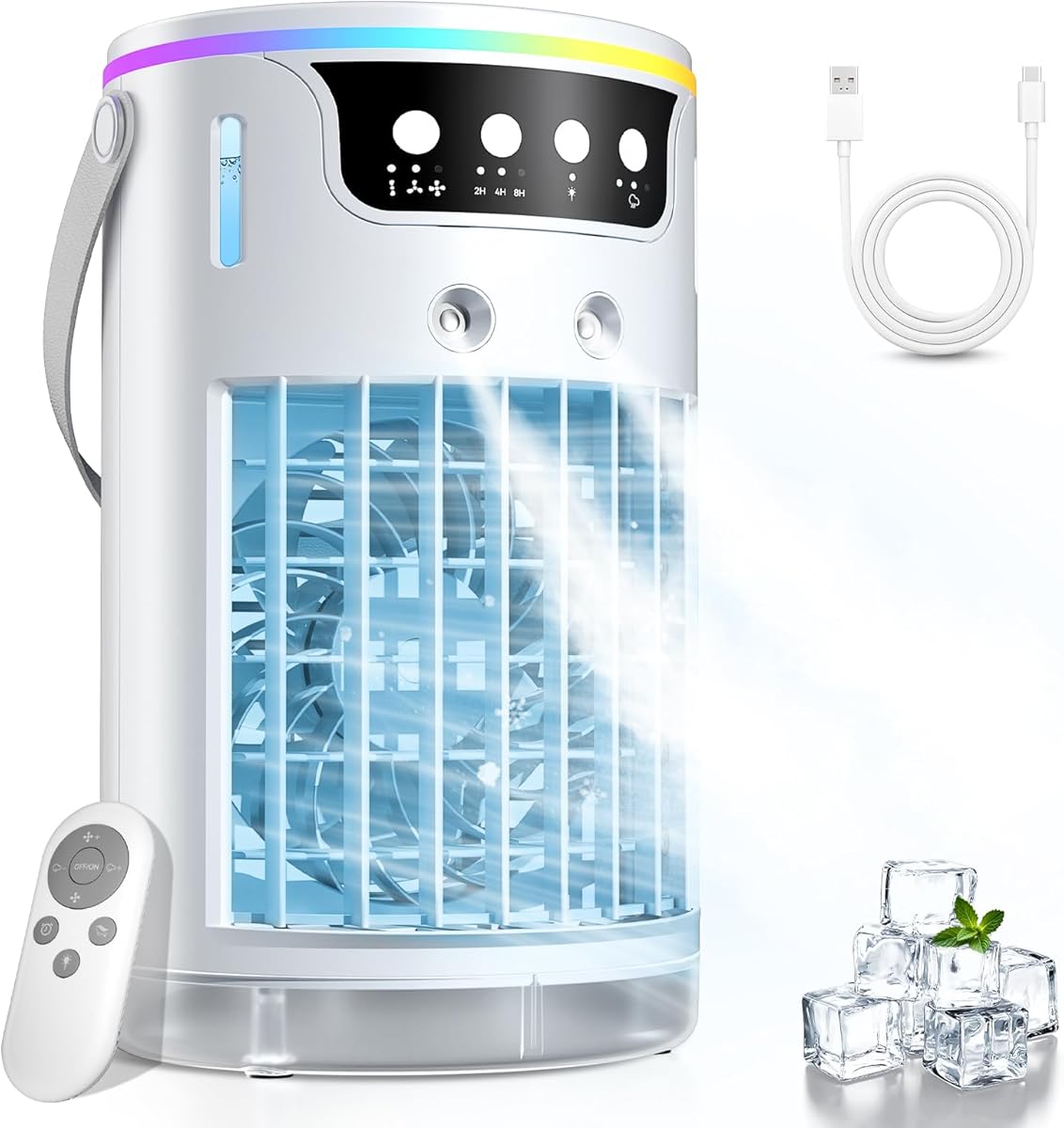 Portable Air Conditioner, USB 4 in 1 Small Air Conditioner with Ice Cooling Mist, For Bedroom Office Desk, 1200ML Mini Evaporative Air Coolers with 2-8H Timer, 3 Speeds, 7 Colors Night Light