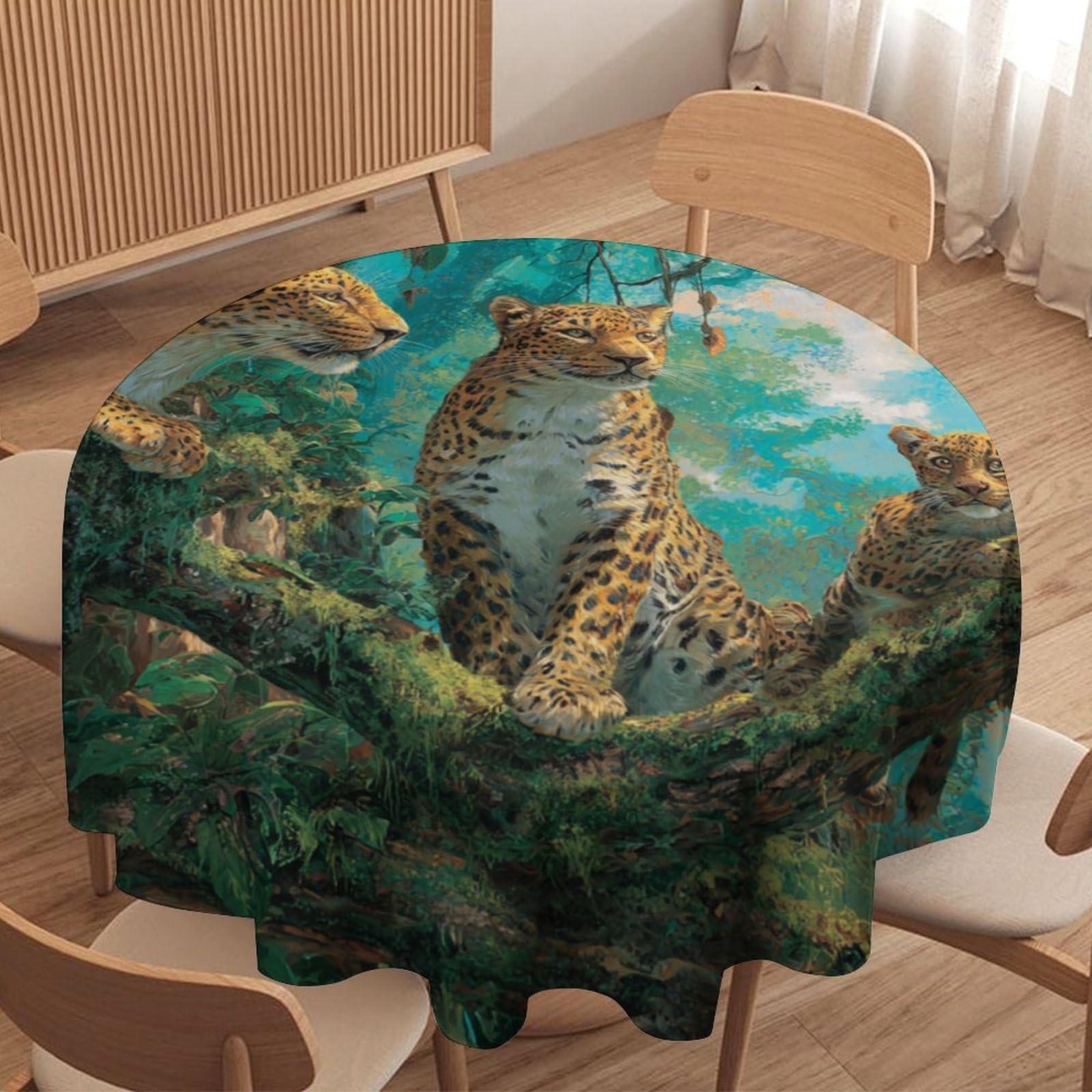 LUYYSKY Rustic Colorful Leopard Waterproof Round Tablecloth Beautiful Classic Plants Tree Animal Cheetah Butterflies Washable Table Cover for Kitchen-127 Wx127 L cm