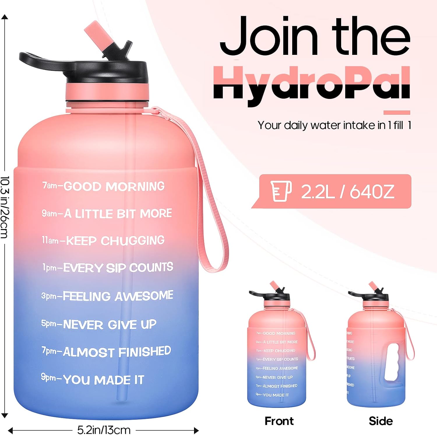 Large 74 oz/Half Gallon Motivational Water Bottle with 2 Lids (Chug and Straw), BPA Free Sports Drink Water Jug with Time Marker for Camping Sports Workouts and Outdoor Activity