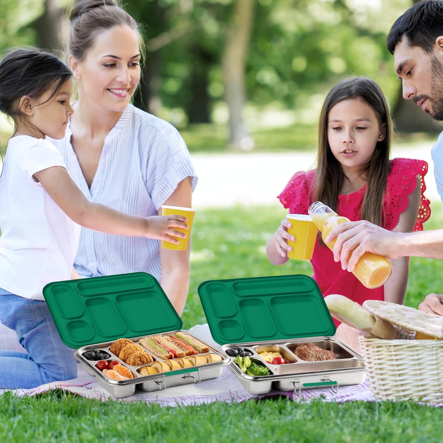Stainless Steel Bento Box for Adults & Kids, 5-Compartment Lunch Box with 2 Sauce Containers, BPA-Free Bento Lunch Container, Dishwasher Safe, School & Work Meal Prep Lunch Container (Green)