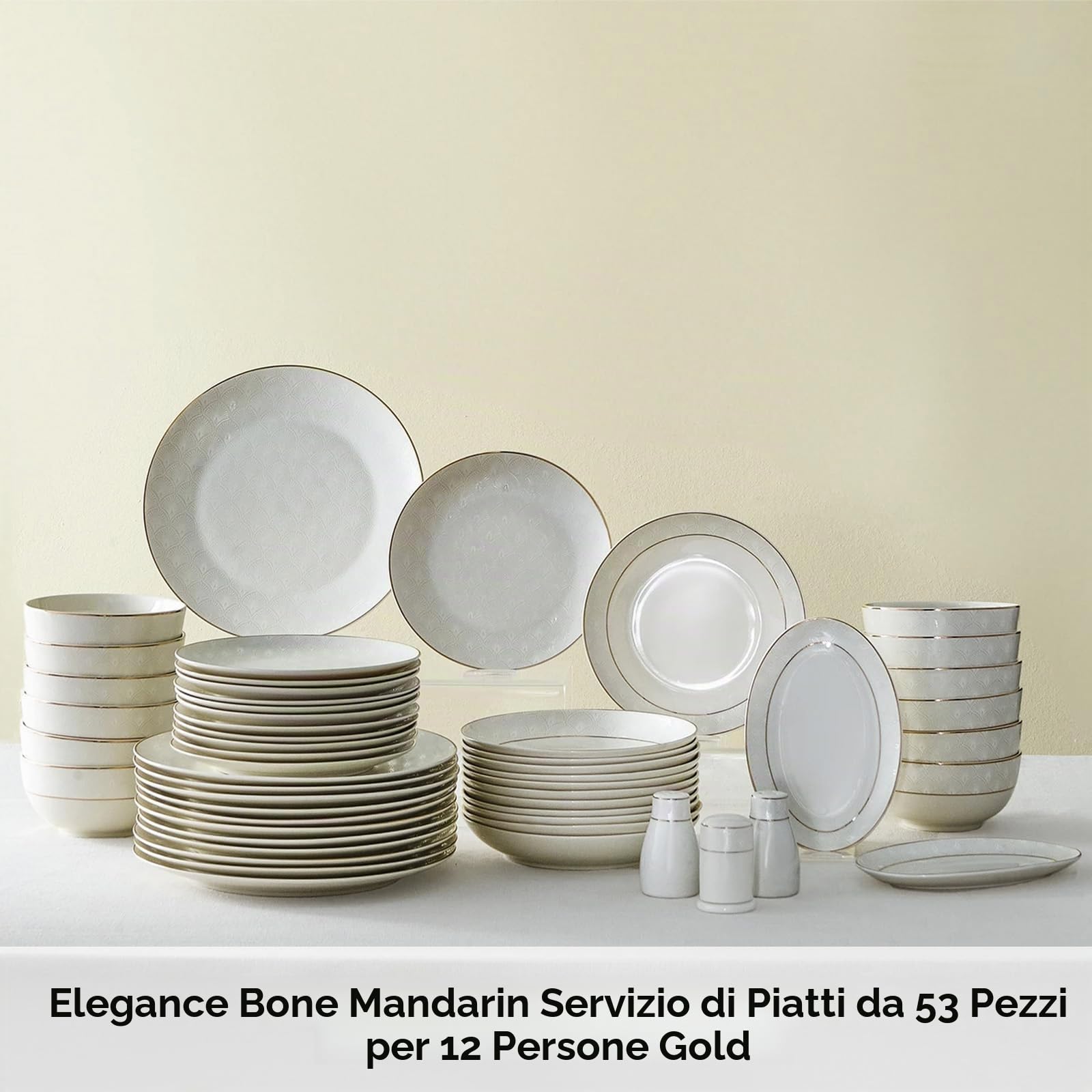 Karaca Set di stoviglie da cucina moderno per 12 persone, in porcellana Bone China, lavabili in lavastoviglie, durevoli ed eleganti, finiture dorate, 53 pezzi