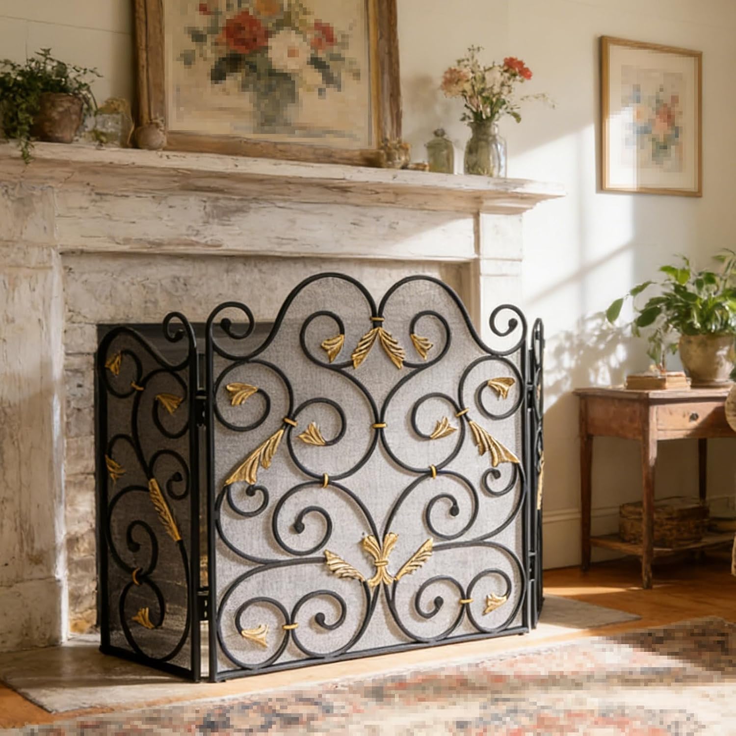 3-Panel Fireplace Screen, Wrought Iron Metal Guard, Beautiful Decoration, Can Protect Infants and Pets, Suitable for Indoor and Outdoor Use, 35.5x55.4 Inches (Black Gold Color)