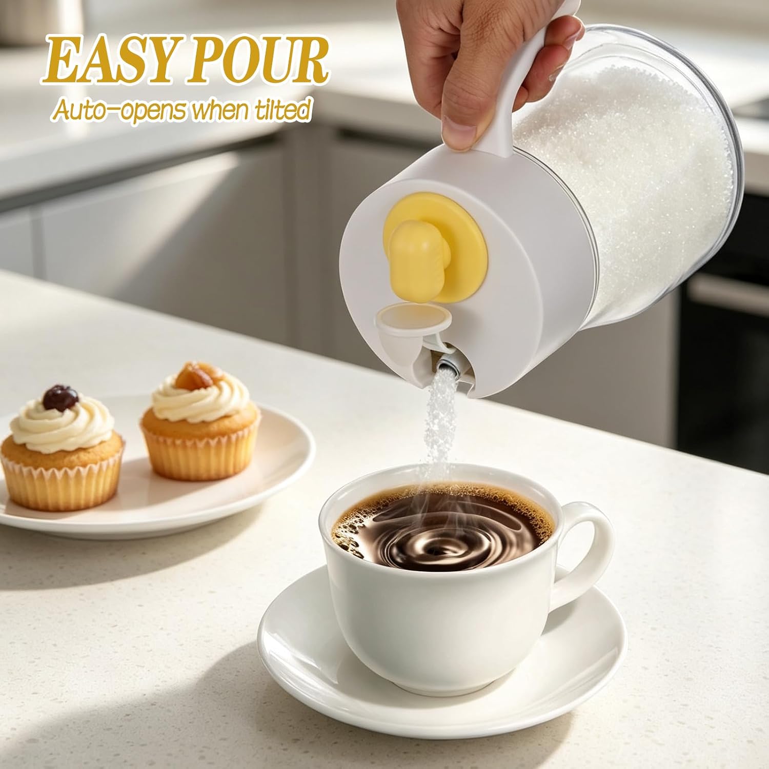 30 oz Large Glass Sugar Dispenser with Automatic Pouring Switch for Home Kitchen Baking Coffee Station Top Filling Port Design Glass Jar for Sugar, Coffee Creamer, Salt