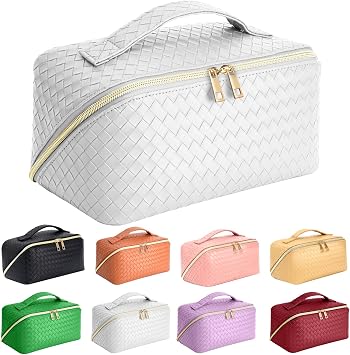 Large Capacity Travel Cosmetic Bag - Makeup Bag, Portable Leather Waterproof Women Travel Makeup Bag Organizer with Handle and Divider, Flat Lay Checkered Cosmetic Bag White, white