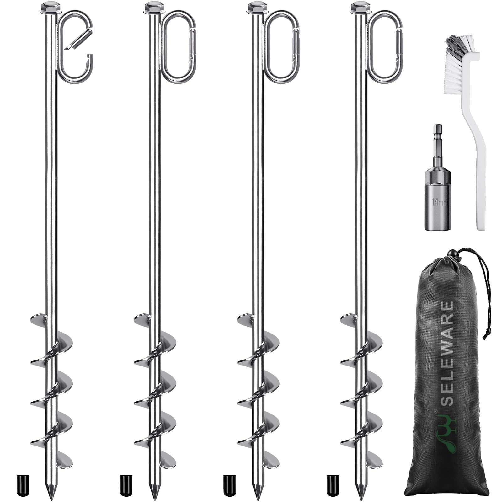 SELEWARE 4 Pack Ground Anchors Stainless Steel Trampoline Stakes Heavy Duty Strong Tent Pegs Spiral Earth Anchors for Swing, Hiking, Trampoline, Tent, Shed, Camping, Mobile Homes, Carport