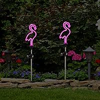 Vista 5 de Juego de 2 luces solares de flamenco para jardín, para exteriores, para césped, patio, pasarela, iluminación rosa neón (29.5 pulgadas de altura)