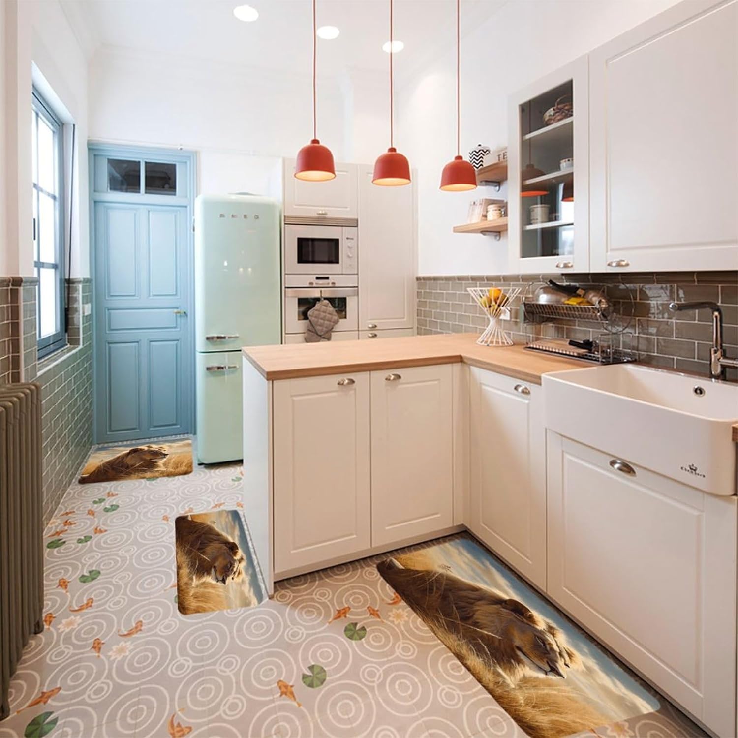 Prairie Lion Kitchen Rugs Sets of 3 Non Slip Kitchen Mats for Floor Farmhouse Kitchen Sink Mat Thick Comfort Standing Mat for Laundry Room Hallway Bathroom