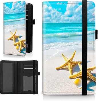 Beach Starfish Leather Check Book Cover for Personal Checkbook with Duplicate Checks, RFID Blocking Women Men Slim Wallet with Pen Holder & Clear Plastic Divider, Check Registers Cover
