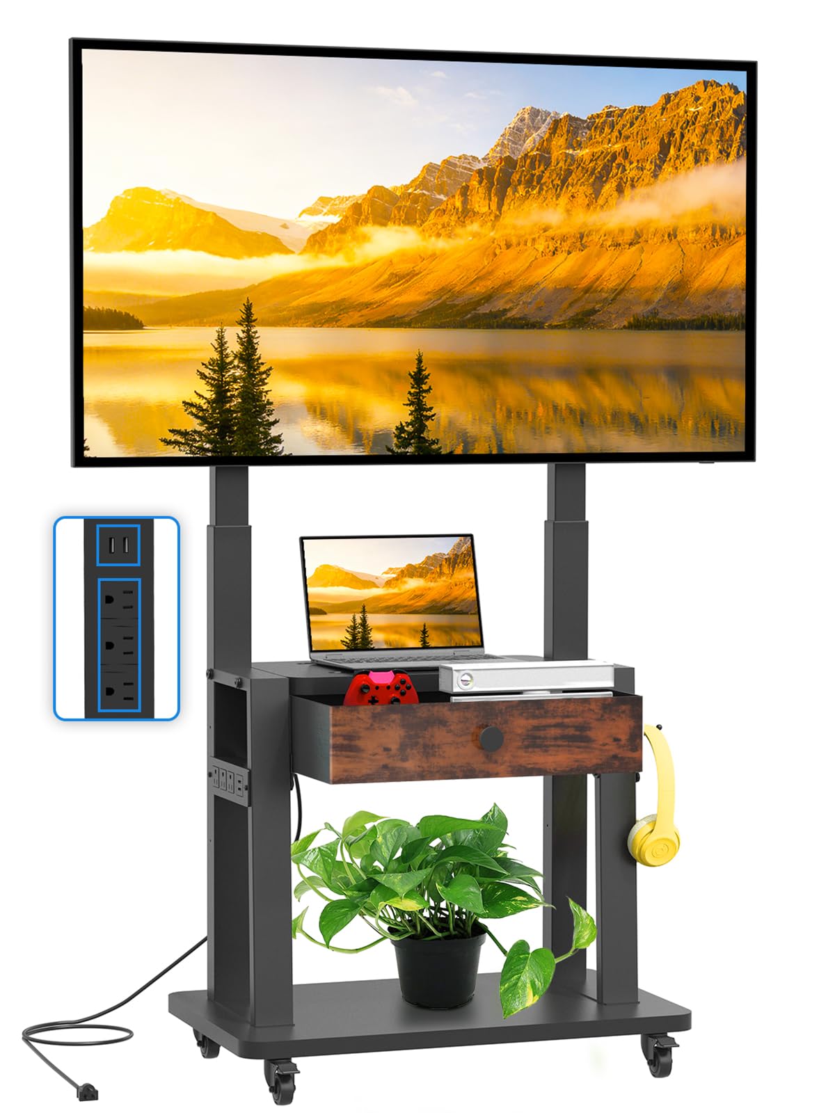 Rolling TV Stand with Power Outlet for 32-75 Inch Flat/Curved Screen up to 220lbs LCD/LED/OLED Mobile TV Stand with Fabric Drawer and Wheels Adjustable Height for Home Office Max VESA 600x400mm Black