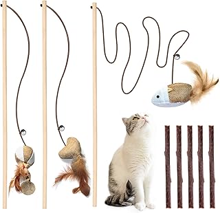 3 PCS Cat Wand Toys, 16 Inch Natural Wooden Cat Teaser Wand Toys with 5 PCS Silvervine Sticks for Cat, Interactive Cat Fea...