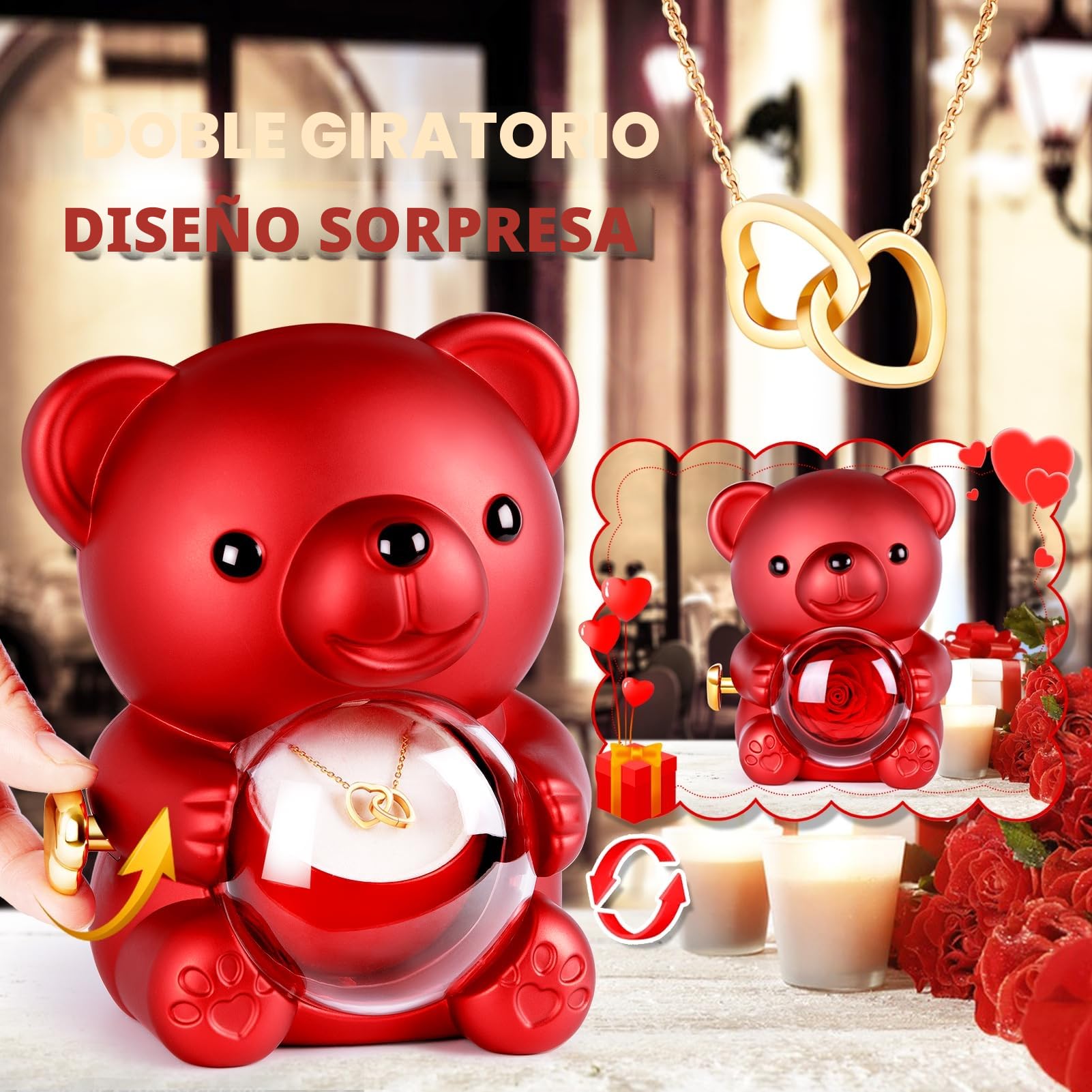Oso Rosa Preservada con Collar de Corazón, Oso con Rosa Caja de Regalo, Regalo San Valentin Mujer, Regalo para Novia,Navidad Mujer, Cumpleaños