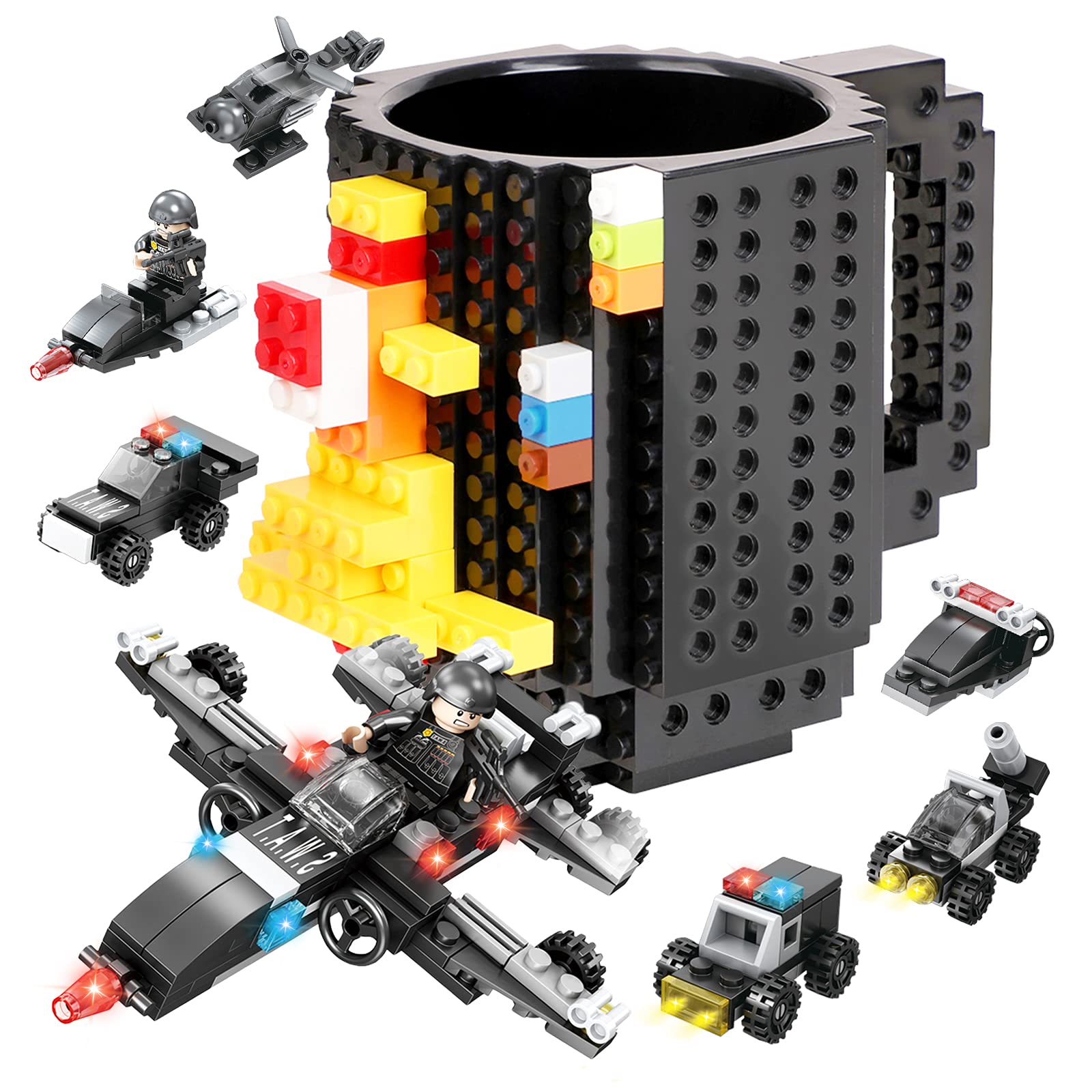 Build on Brick Mug for Kids Adults Boys, Cusod Novelty Coffee Mugs Compatible with Lego, Fun Coffee Mugs for Birthday Festival Gift Ideas, 16OZ Unique Cool DIY Cups, Block Buddy Mug with 6 in 1 Blocks