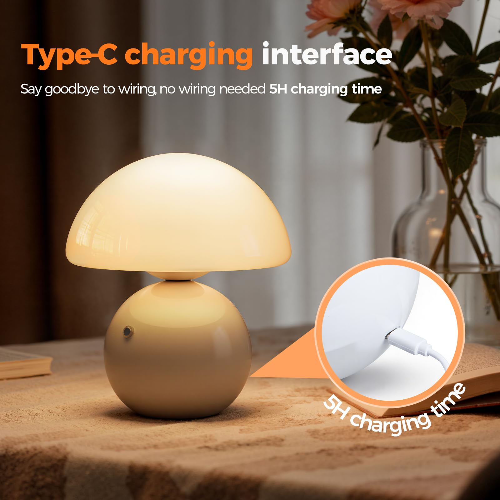 NIORSUN Lampada a fungo wireless, lampada da tavolo per camera da letto, lampade portatili senza fili, lampada wireless, piccola lampada touch per comodino, per soggiorno, mini fungo, 5200 mAh