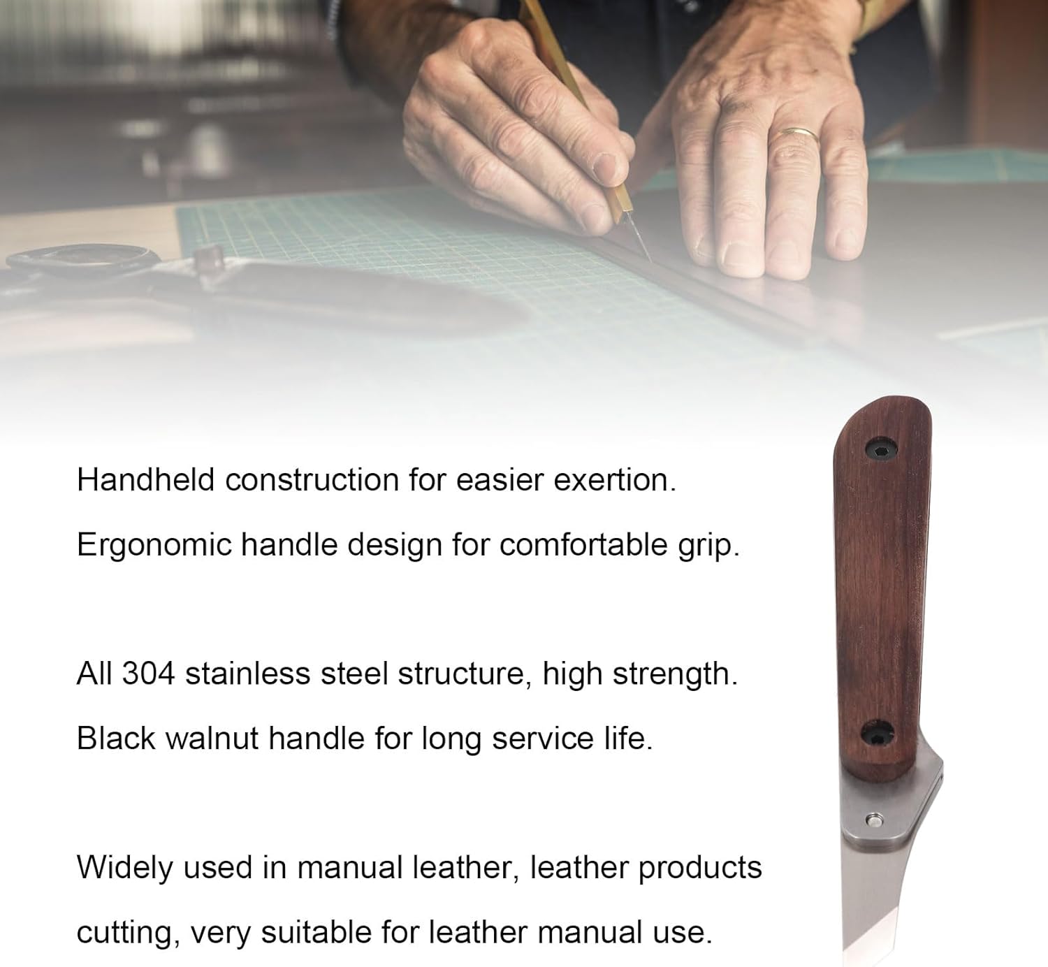 Leather Cutter, Leather Cutting Knife Skiving Knife Leather Trimming Tool Stainless Steel Blade with Wooden Handle for Belt Strap Edge Shaping DIY Leatherworking