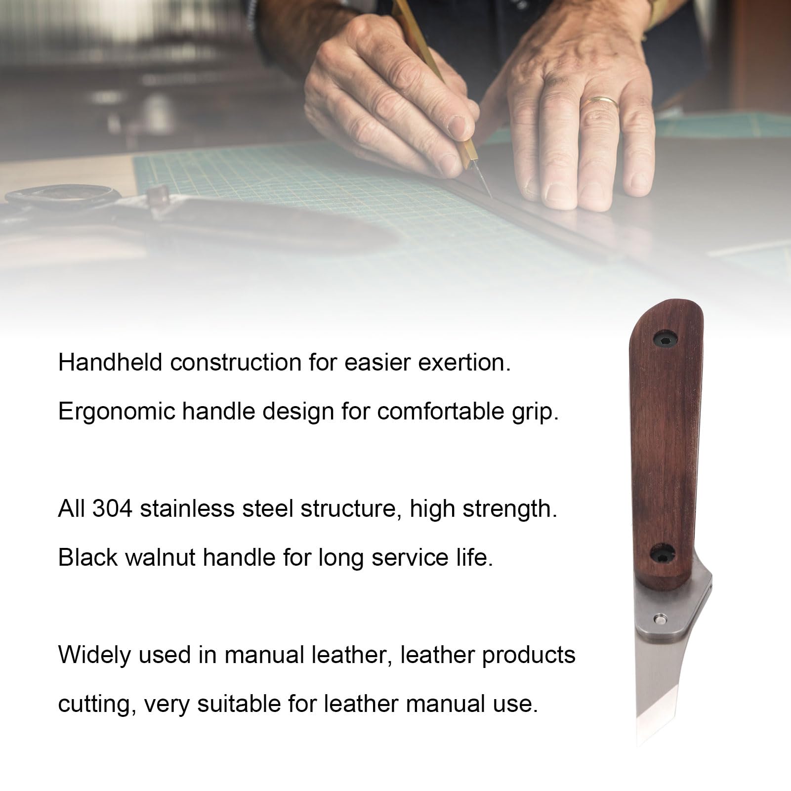 Cortador de cuero con mango de madera, herramienta de corte ergonómica de acero inoxidable para proyectos de artesanía y uso diario en el trabajo del cuero