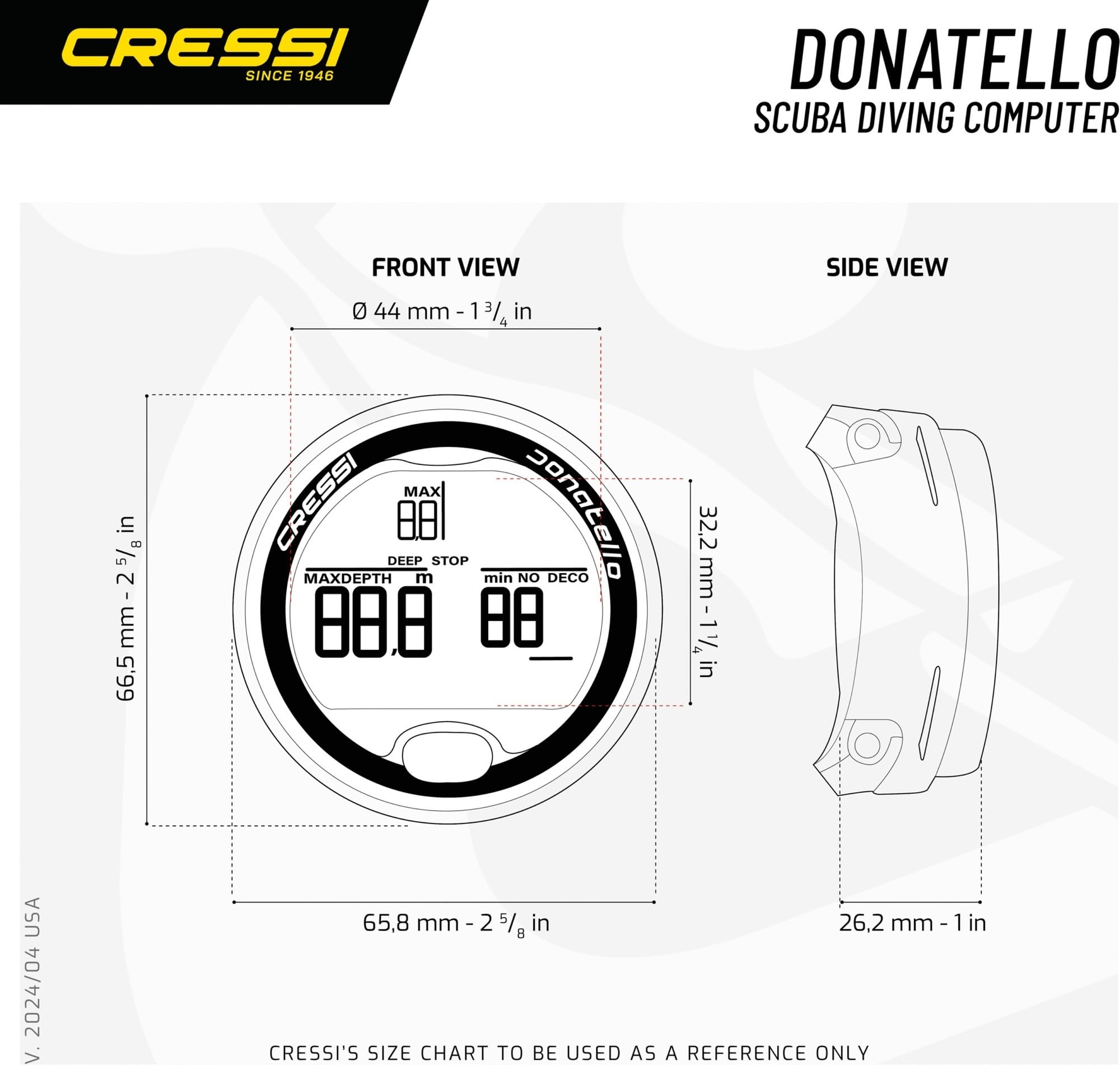 Cressi Donatello Computer Subacqueo – Modalità Aria/Nitrox, Apnea e Gauge – 150m Resistenza, Display ad Alto Contrasto – Batteria Sostituibile, Deep Stop, Indicatore Tossicità CNS