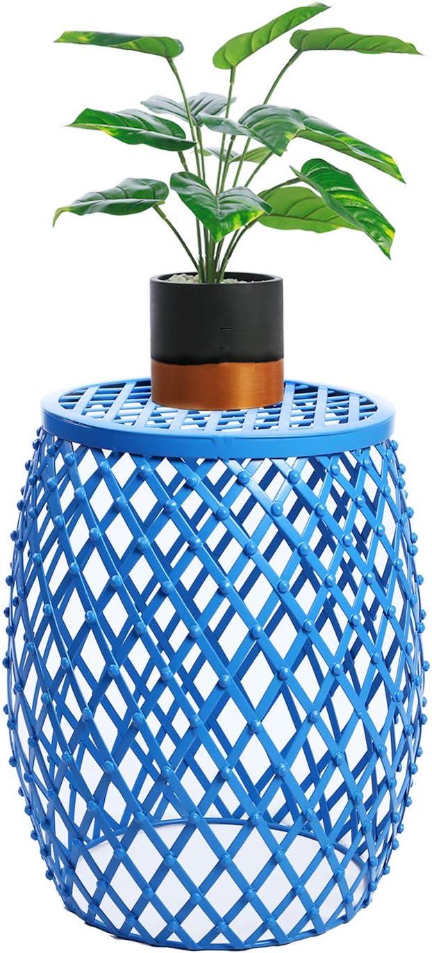 Adeco Home Garden Accents Wire Round Iron Metal Stool Side End Table Plant Stand Chair, Hatched Diamond Pattern, for Indoor Outdoor, Sea Blue