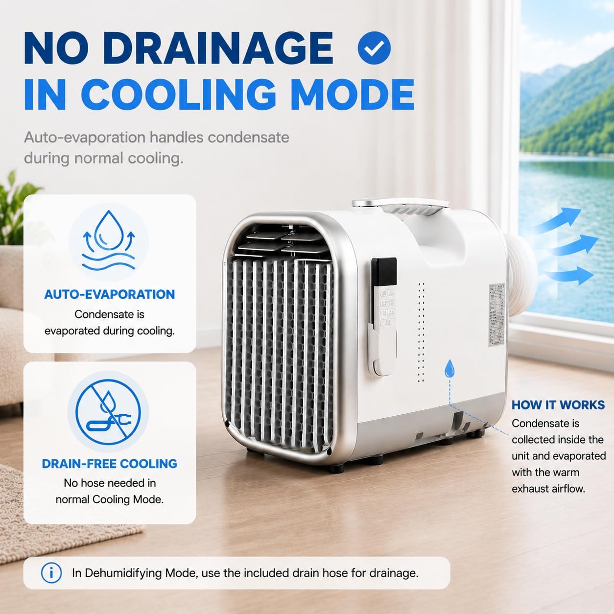 Condizionatore Portatile Senza Installazione Fissa 4400/5100 BTU | Compressore, sistema auto-evaporante, 4 modalità, pannello touch e timer 12 ore per casa, ufficio, camper e tenda(4400 BTU)