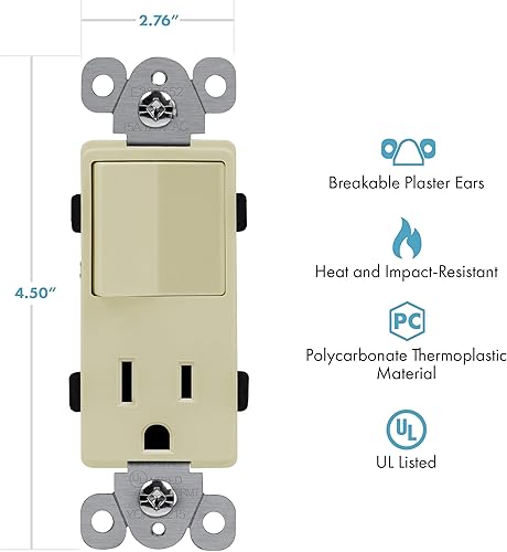Miniatura 3 de ENERLITES Receptáculo decorativo combinado, grado residencialcomercial, 15A120V, toma de corriente 15A125V, certificación UL, 68625-I, 1 paquete,