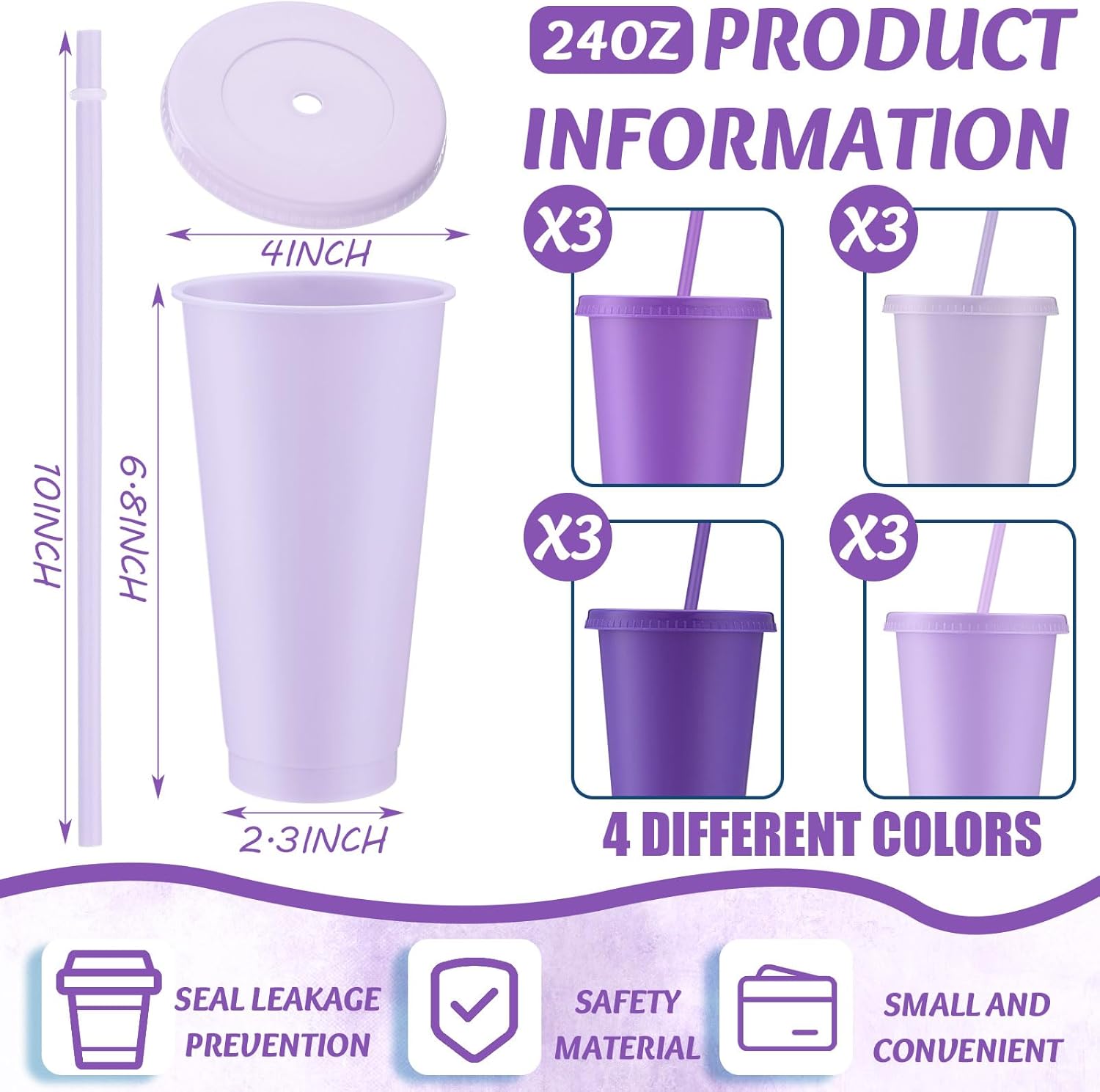 Skylety 12 Pcs Purple Plastic Cups with Lids and Straws 24 oz Reusable Tumbler Large Travel Mug Cup Coffee Beverage Drinks Party Supplies for Wedding Bridal Baby Shower Birthday - Image 2