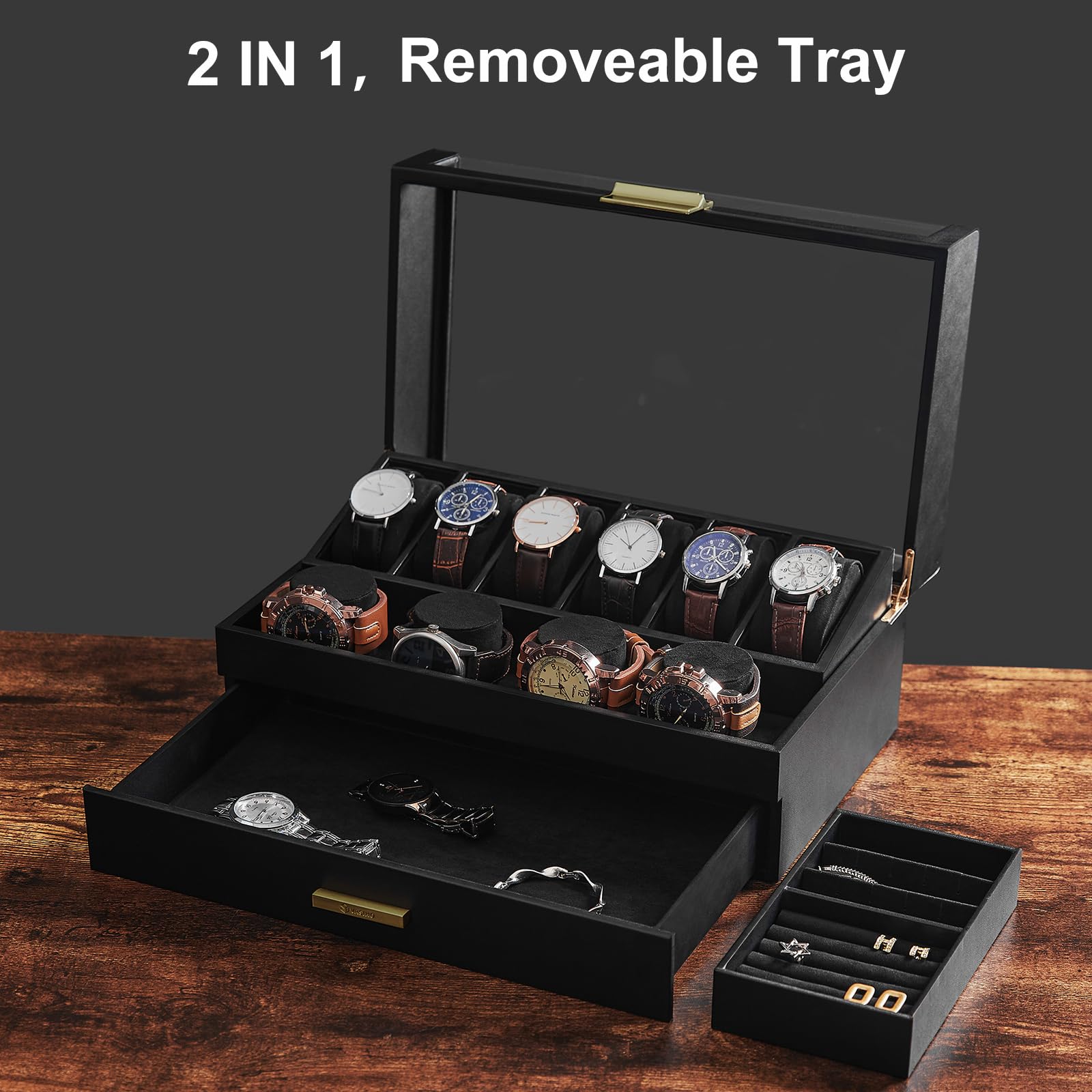 Boîte à Montres 6 Compartiments Avec Verre - Coffret Rangement Bijoux Homme Avec Serrure - 2 Niveaux
