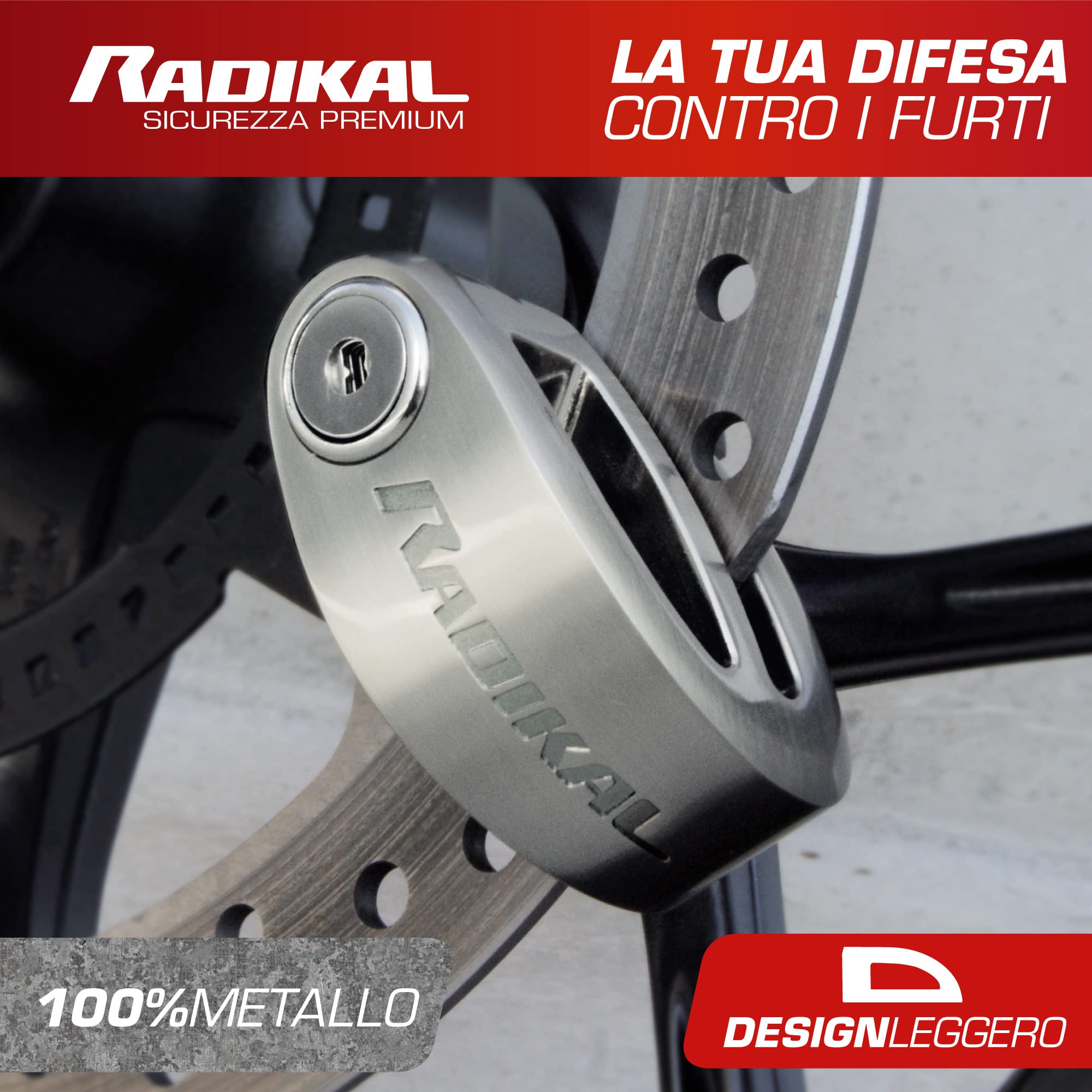 RADIKAL RK306S Bloccadisco Moto, Design Più Leggero a Doppio Ponte, Chiusura Facile con Click ø6mm, Serratura Anti-Bortolo e Anti-Trapano, Lucchetto Antifurto Moto Pinza Scooter, Bicicletta Elettrica