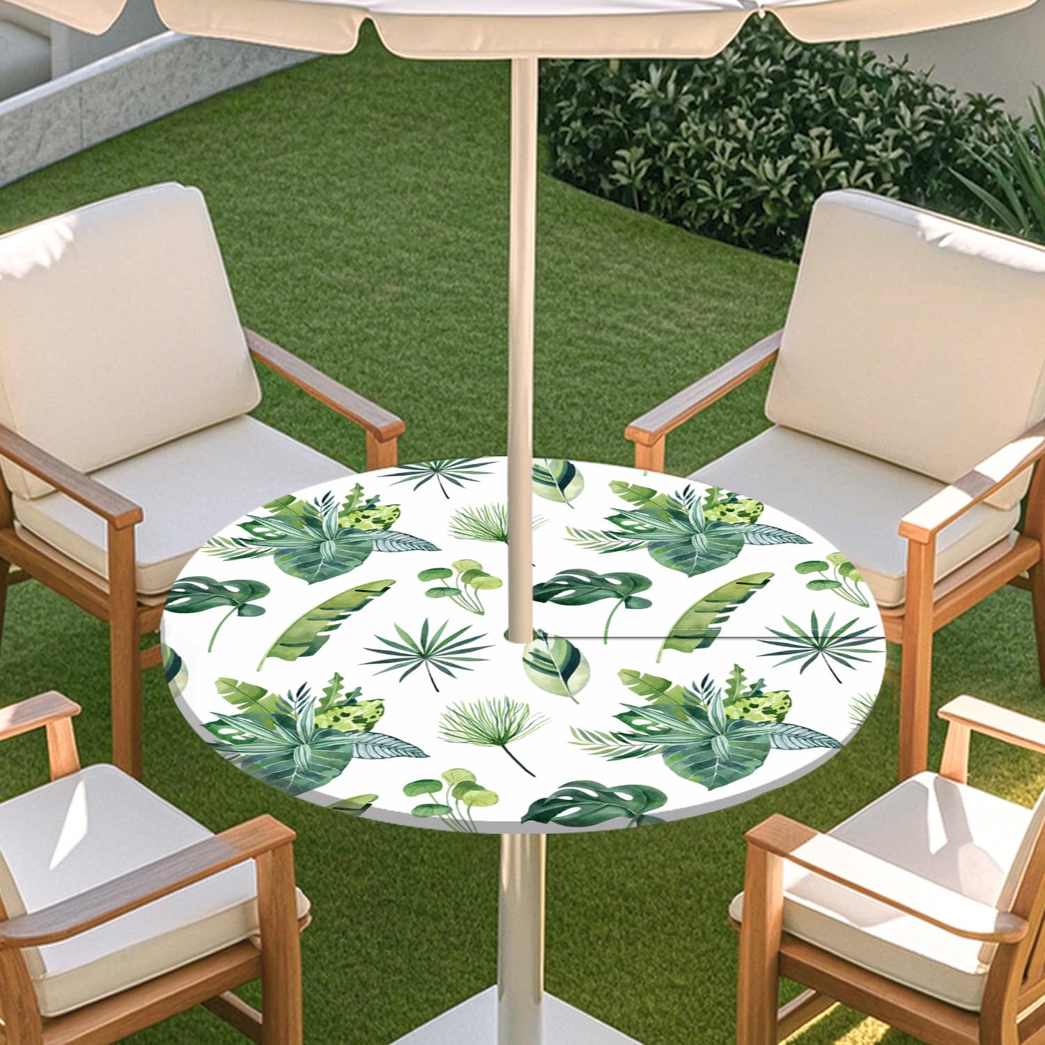 Odot Outdoor Tablecloth with Parasol Hole, Elastic Edge Round Fitted Table Cloth Protector Waterproof,Green Plants Wipe Clean Table Cover for Garden, BBQ, Party (Palm Leaves,M:91-112cm)