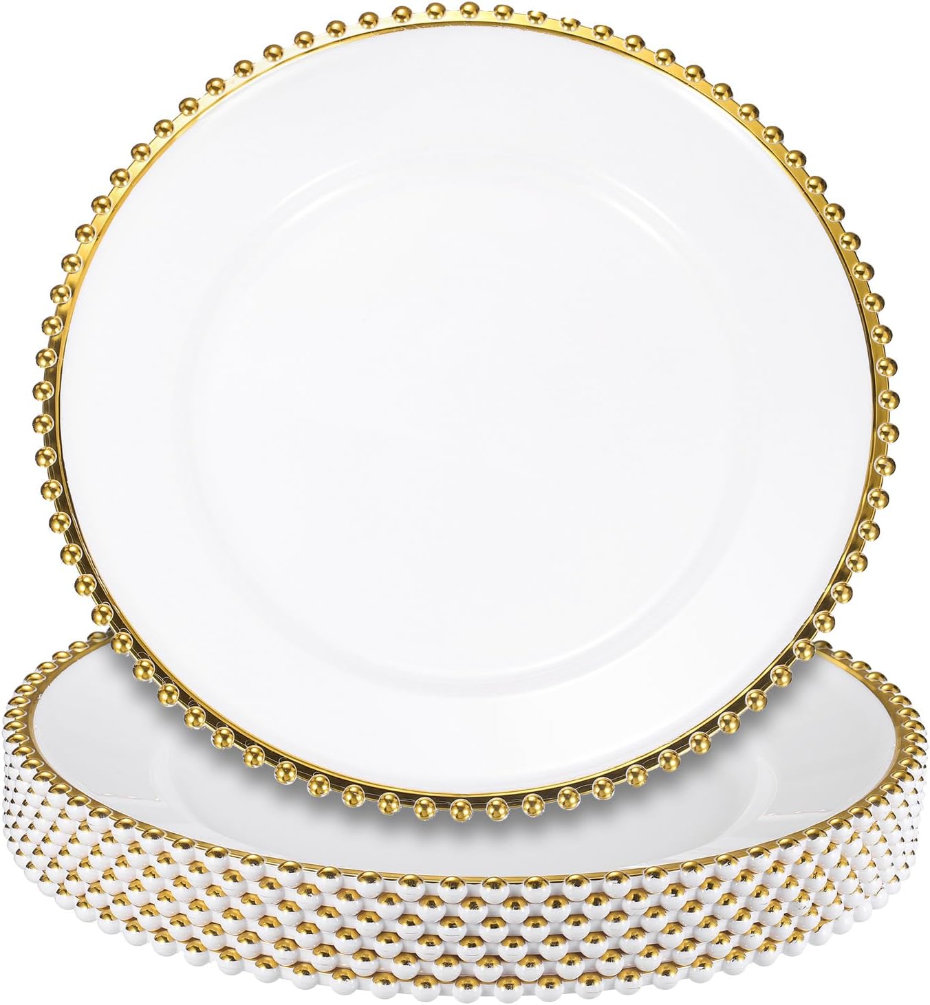uxcell 6pcs Clear Charger Plates Bulk, 13" Plastic Round Charger Plates with Bead Trim Dinner Dessert Plate for Wedding Party Event Table Setting Decoration, Gold On White