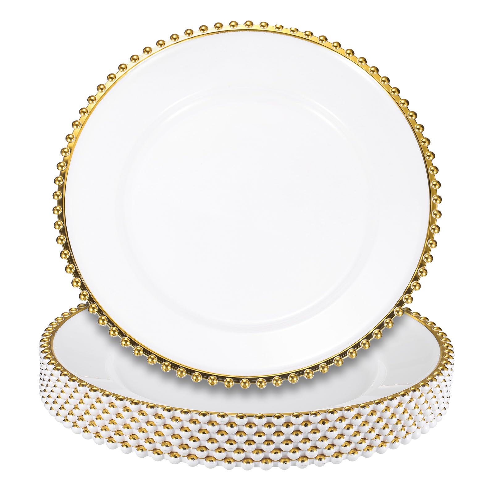 QUARKZMAN 6 klare Platzteller, 33 cm, runde Platzteller aus Kunststoff mit Perlenbesatz, Abendessen-/Dessertteller für Hochzeitsfeiern, Tischdekoration, Gold auf Weiß