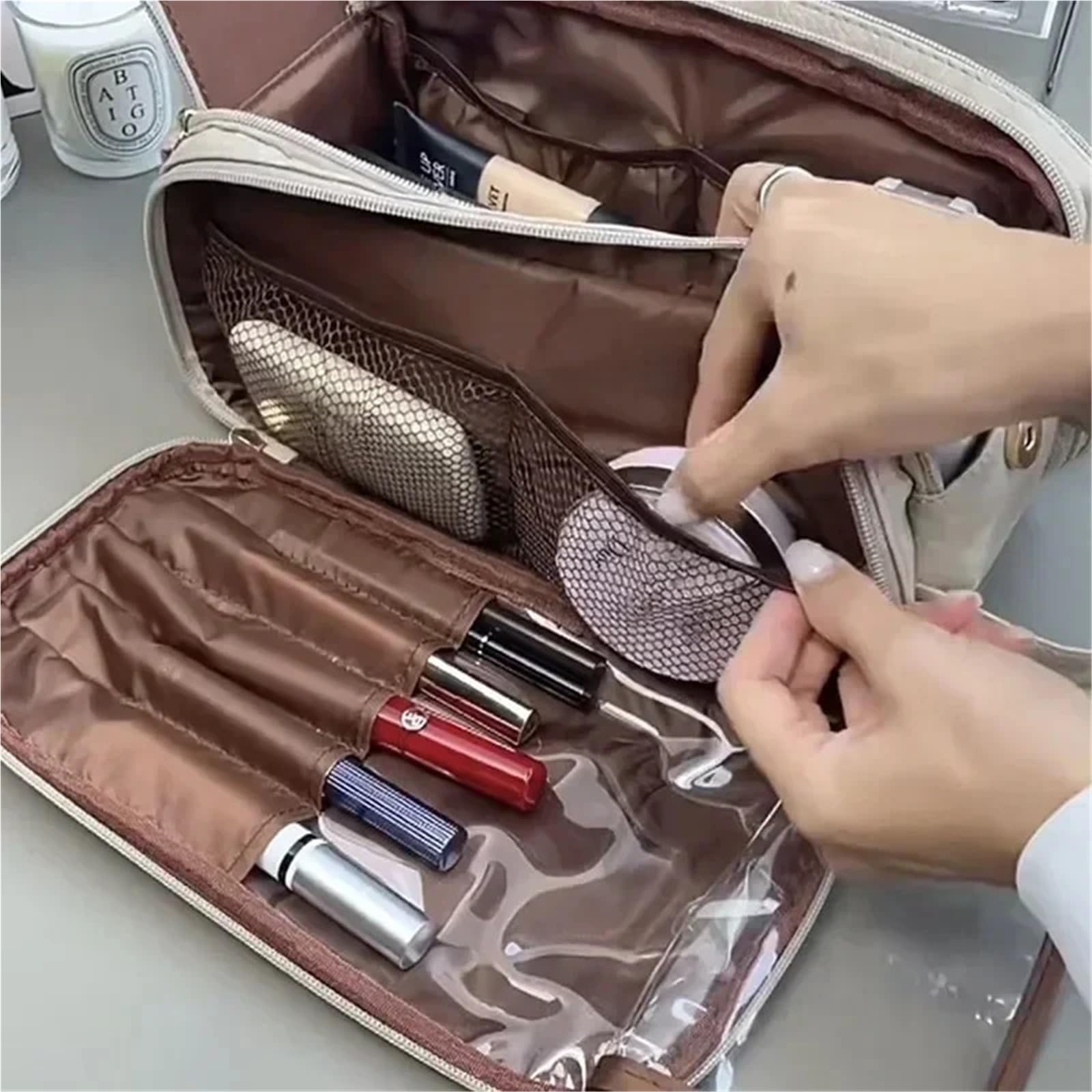 Borsa for Il Trucco per i Viaggi | Doppia cerniera portatile multifunzionale in pelle PU di grande capacità(Black)