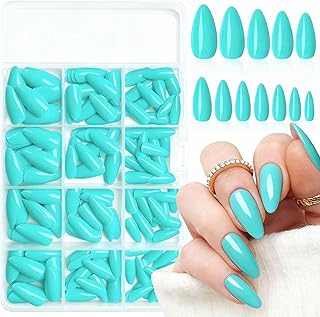 LoveOurHome 240pc Almond Press on Nails Medium Stiletto Fake Fingernails Full Cover False Artificial Nail Tips Blue Manicure Decor with Tabs for Women Girls