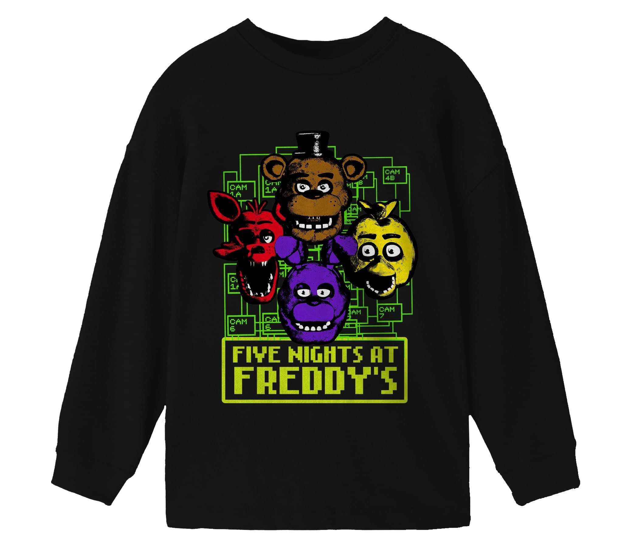 Five Nights at Freddy's Characters and Cameras - Camicia a maniche lunghe da ragazzo, colore: nero