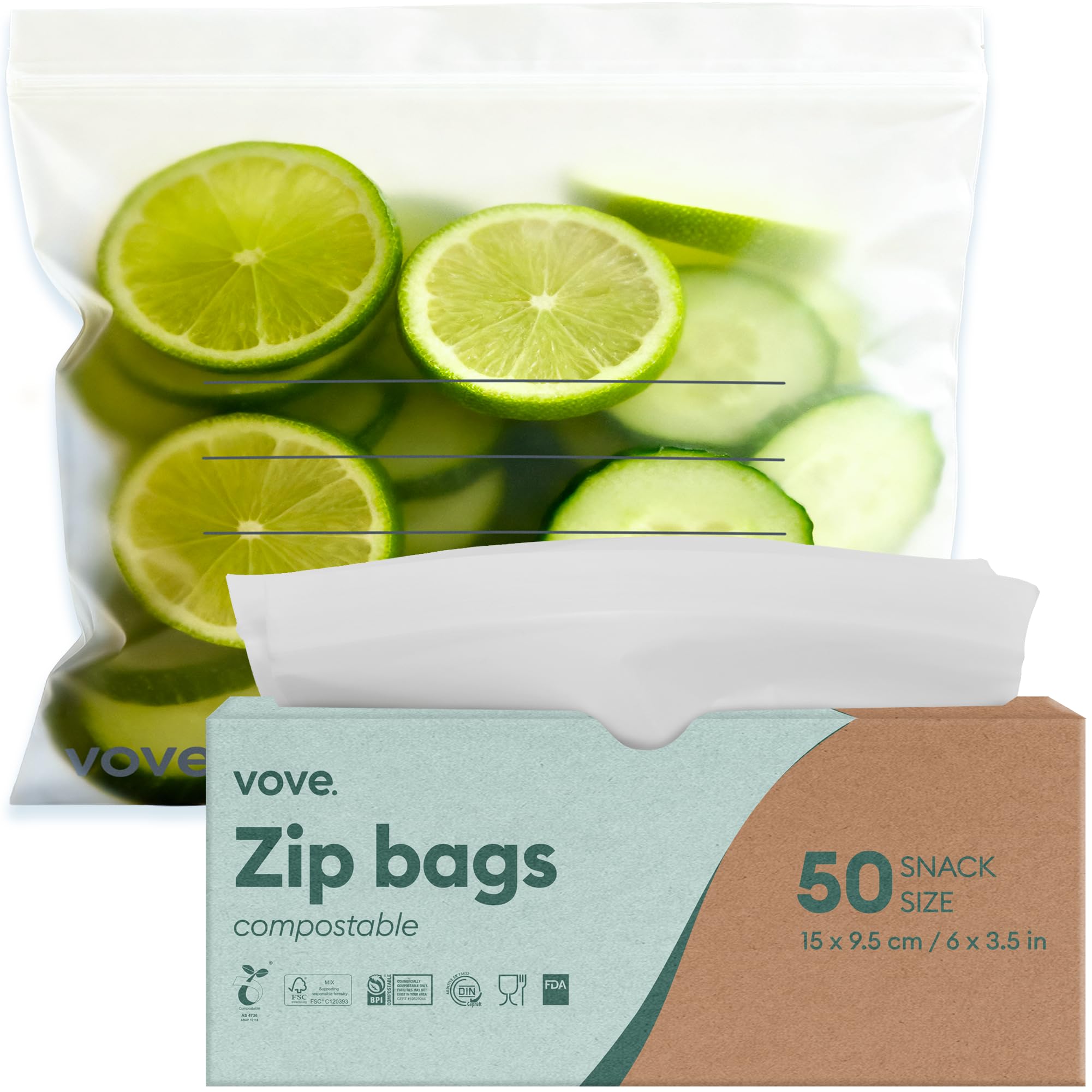 Compostable Snack Bags 50 Ct – PFAS-Free, BPI Certified, Freezer Safe with Airtight Seal for Snacks & School Lunches, Plant-Based