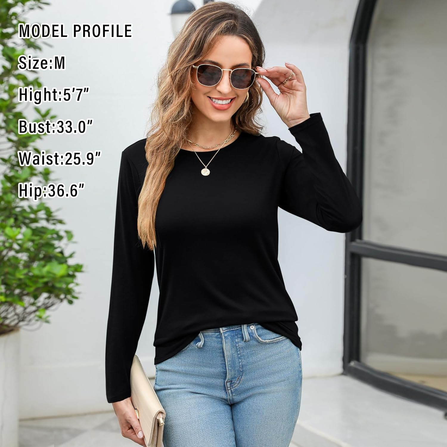 Elesomo Womens Long Sleeve Shirts Crew Neck Basic Tee Tshirt Casual Spring Tops - Image 2