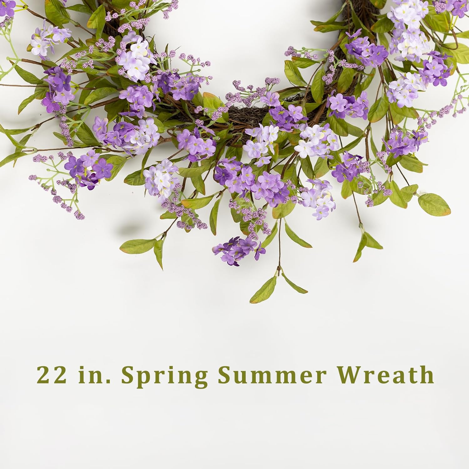 22" Spring Summer Wreath for Front Door, Artificial Lush Floral Purple Lilac Flowers Blooms Green Leaves Grapevine Base, Outdoor Indoor Wall Mount Home Decor