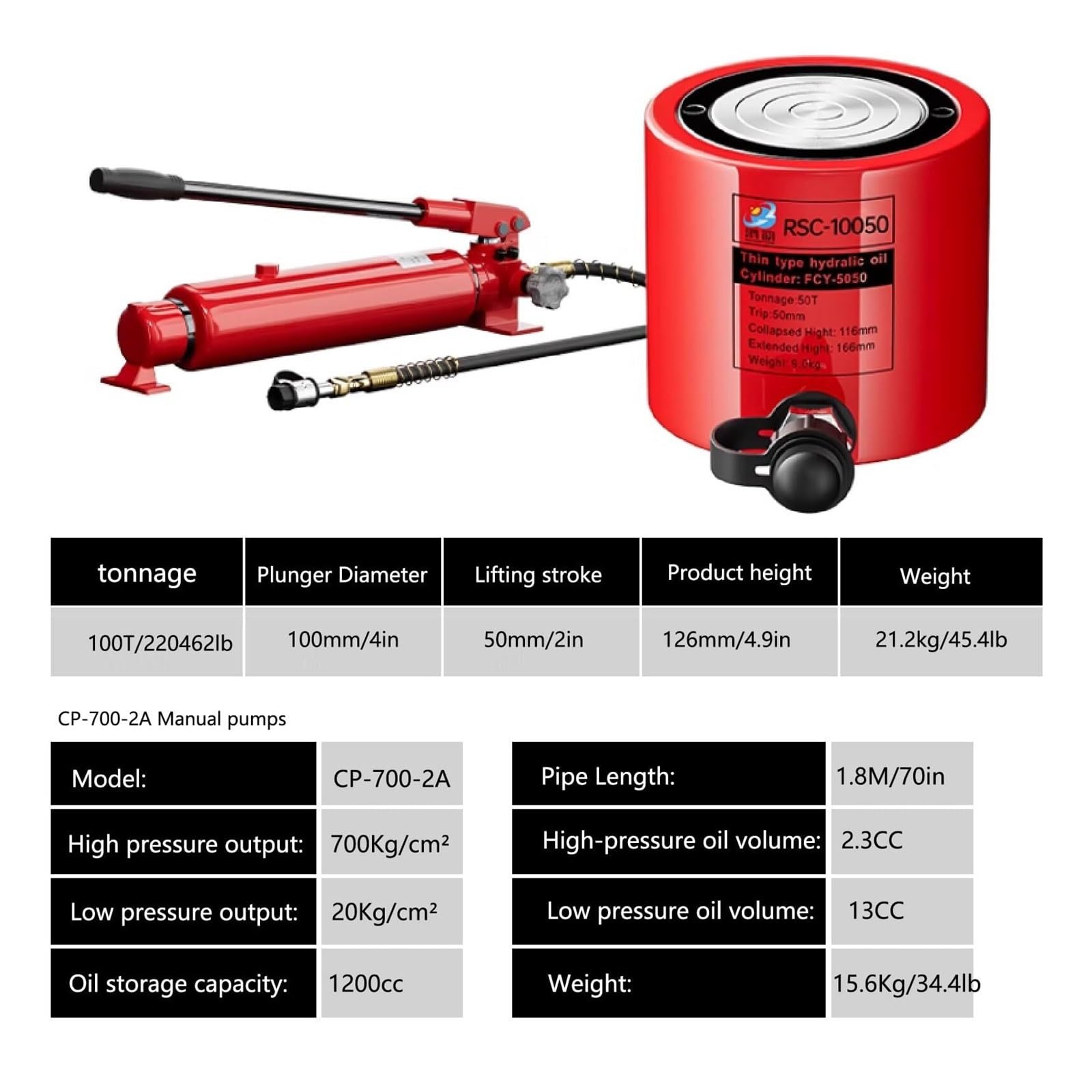 Podnośnik hydrauliczny z skokiem 50 mm, ręczna pompa hydrauliczna z CP-700, zestaw podnośnika, siłownik podnoszący z automatycznym zwijaniem (skok 100T/99,999.9 kg-5.1 cm)