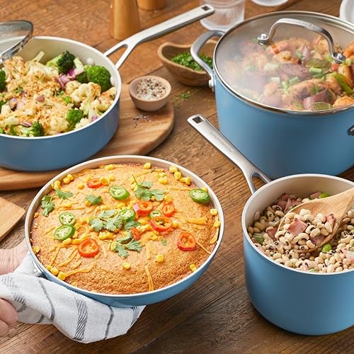 Miniatura 7 de KitchenAid Juego de ollas y sartenes antiadherentes de cerámica anodizada dura, 9 piezas, terciopelo azul