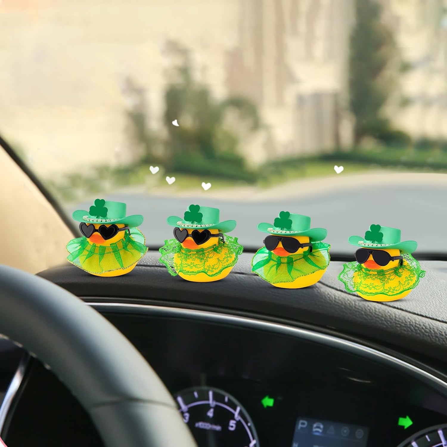 wonuu St Patrick's Day Rubber Duck, Green Shamrock Lucky Rubber Ducks with Skirt for Duck Party Favors Dashboard Decoration Car Ornament, Black Sunglasses Diamond Cowboy Hat Gold Hem Dress
