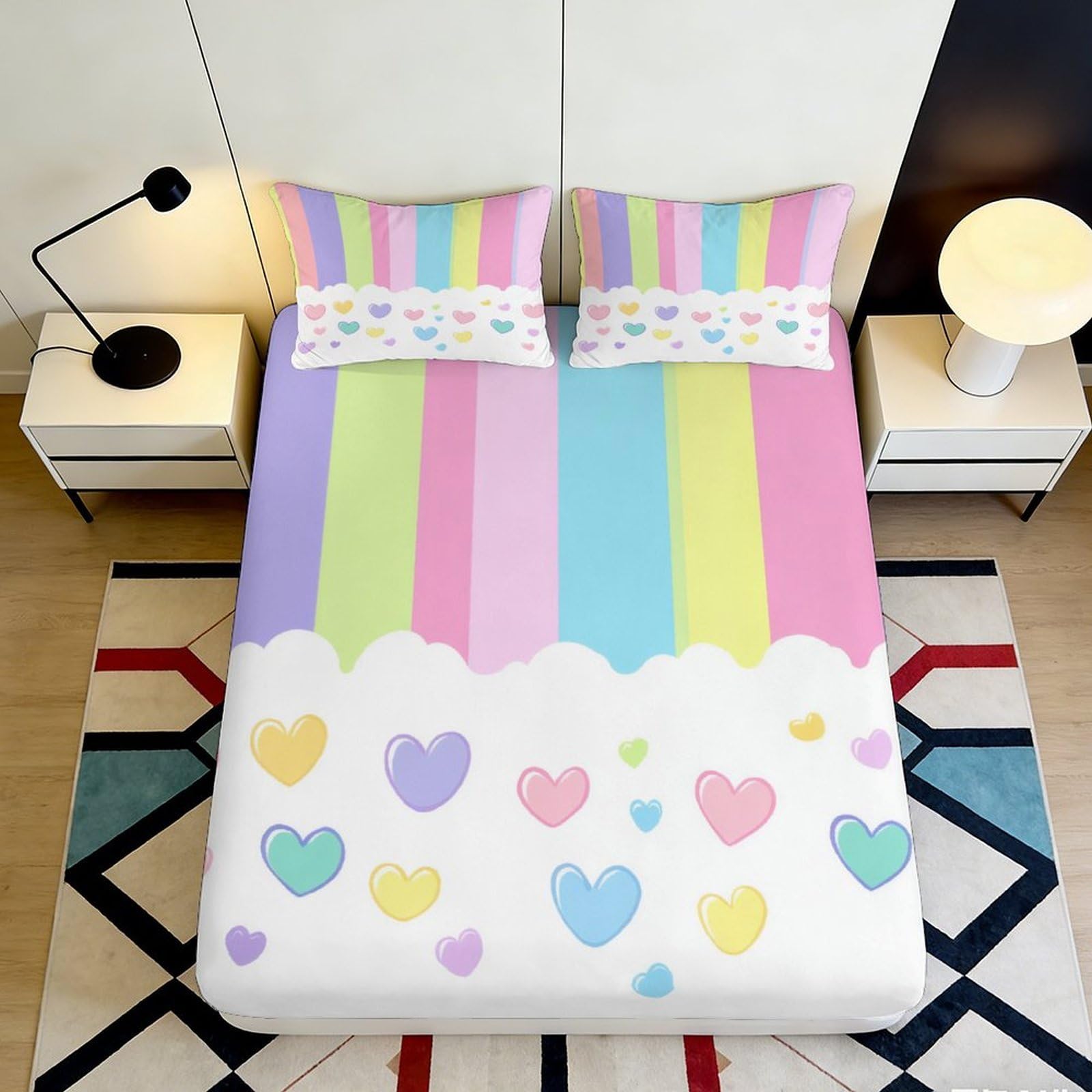 3D Printed Pastel Rainbow Heart Fitted Sheet Microfiber Soft Breathable Cloud Bed Cover for Bedroom Dorm Decor 90x200x25cm