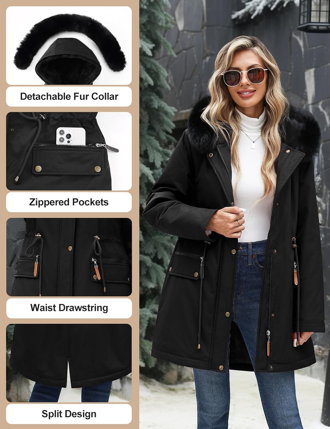 Women's Winter Parka Fleece Lined Jacket Thicken Puffer Coat with Removable Fur Trim Warm Anoraks Outwear with Hood - Image 3