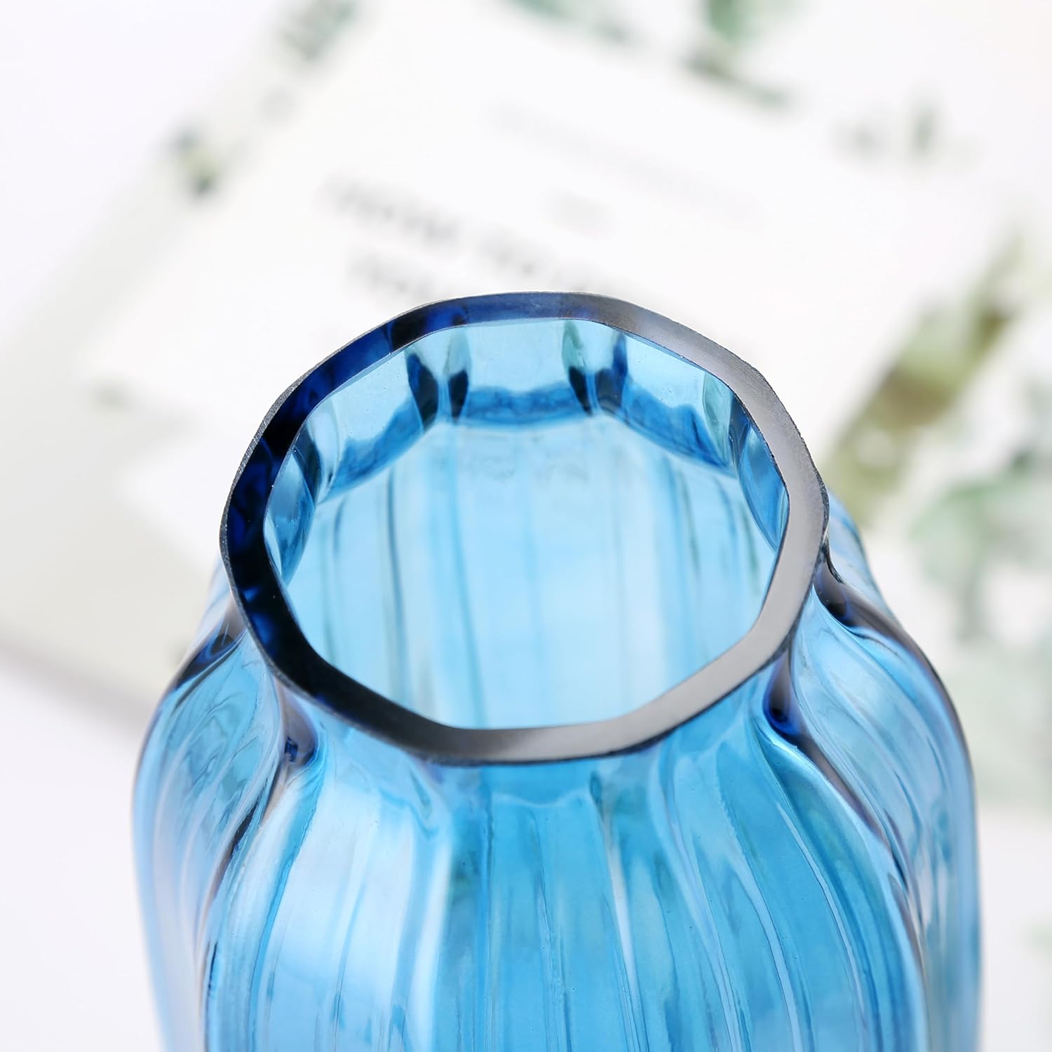 Blue Glass Vase for Flowers Bud Tall Glass Vases,H-8.0" Simple Striped Design for Home Floor Decor,Farmhouse Decor, Centerpiece Coffee Table Decorations (Blue 8.0IN) - Image 6