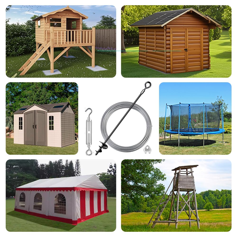 Paquete de 8 anclajes de suelo de 24 pulgadas con cable galvanizado de 3/16 pulgadas, kit de anclaje de cobertizo, estacas de trampolín, anclajes de viento fuerte, ideal para toldos, cobertizos