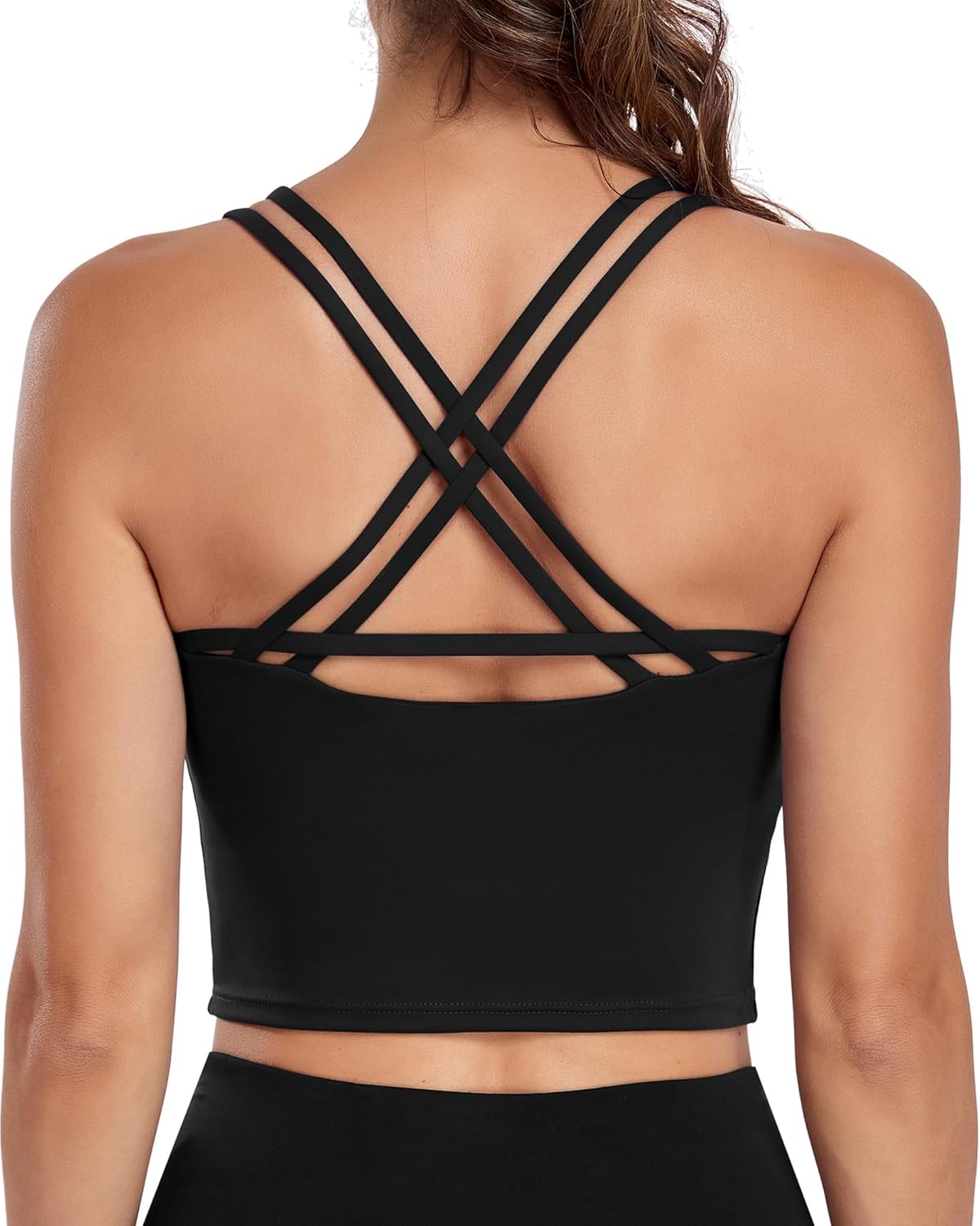 Women’s Longline Sports Bra with Built-in Bra, Double Strap Cross Back Workout Top, Medium Support Yoga Gym Tank Top